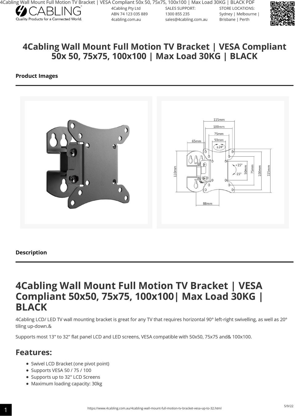 TV Bracket Tilt & Swivel Pivot Wall Mount VESA Compliant 50x50, 75x75, 100x100 Load 30KG 0