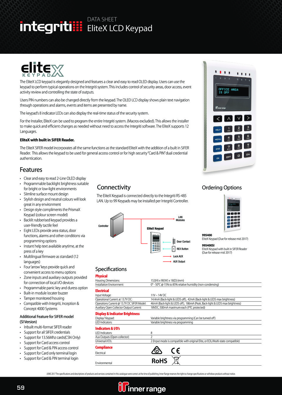 Inner Range EliteX LCD Keypad with SIFER Reader Add-on Module 0