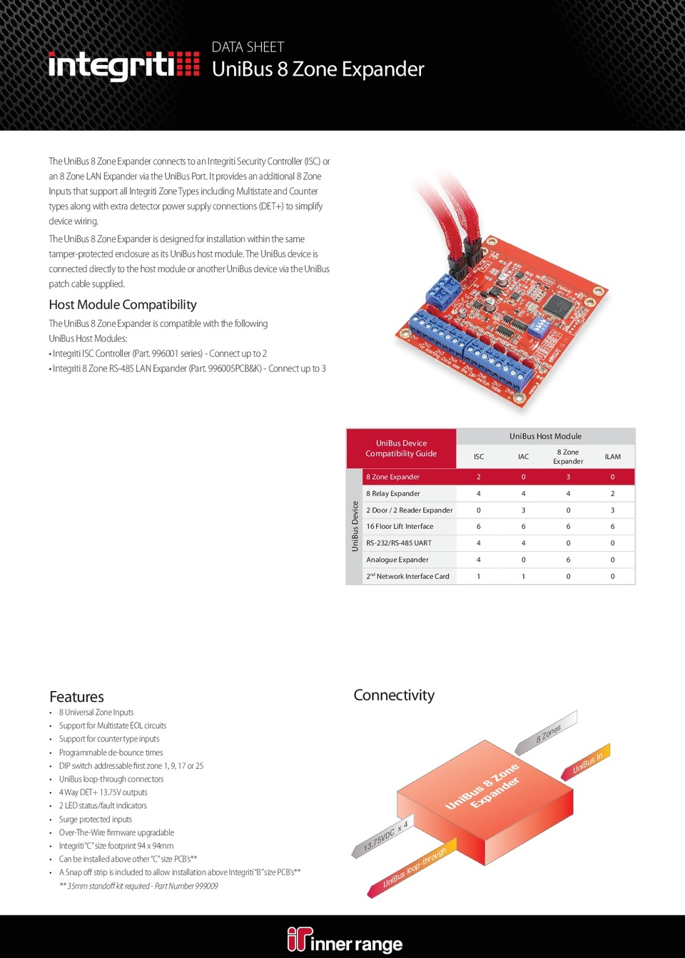 Integriti UniBus 8 Zone Expander PCB & Kit, 220mm Interface Lead 0