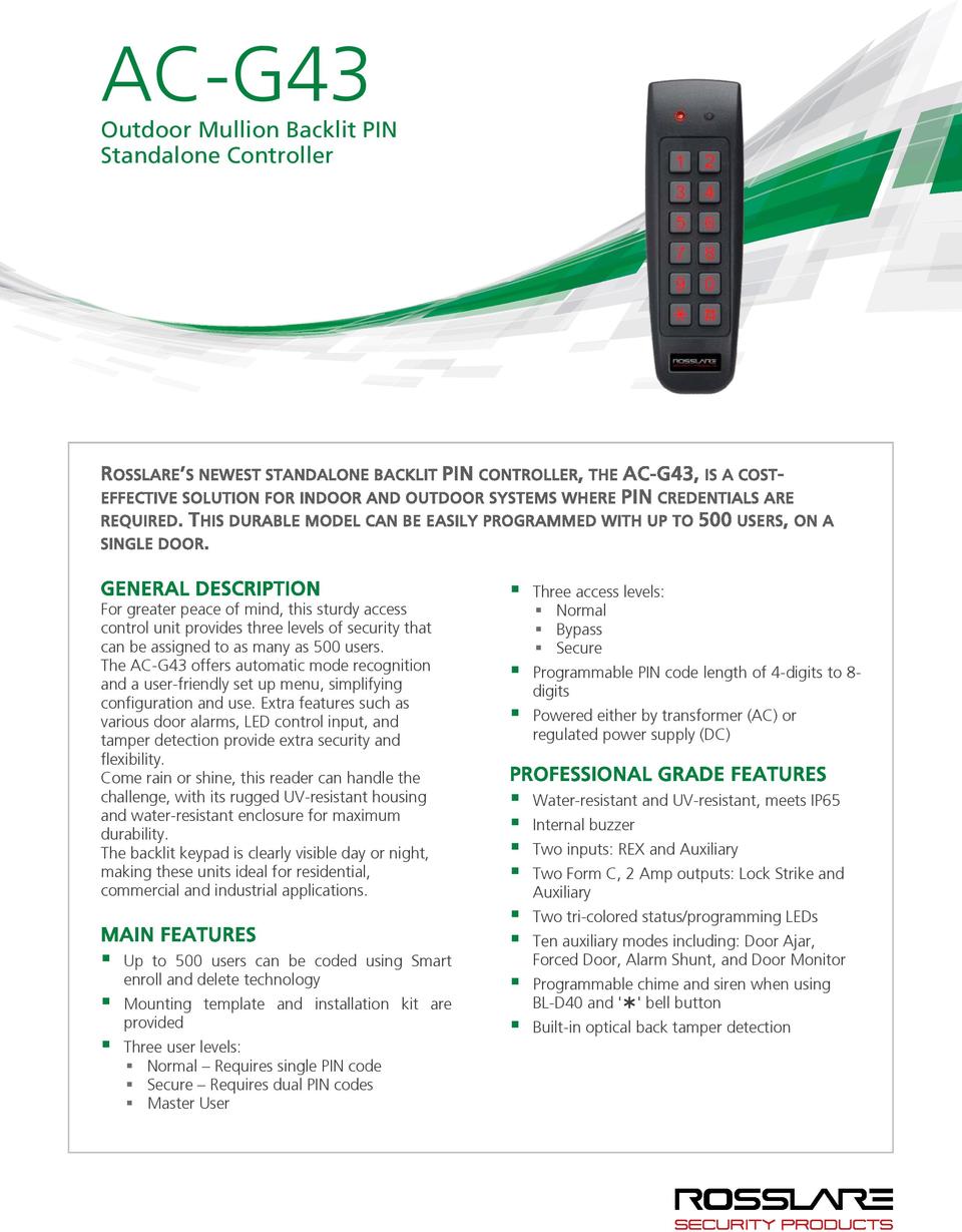 Rosslare AC-G43 Standalone 2x6 PIN Keypad, 2 Form C Outputs Back lit, 500 Users Mullion IP65 0