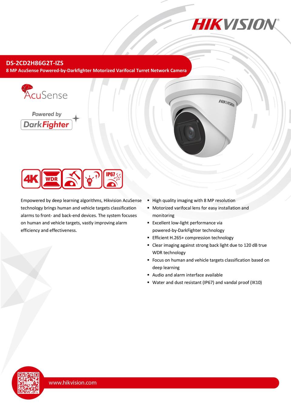 Hikvision DS-2CD2H86G2T-IZS 8MP Gen2 Acusense IP Turret Camera with Motorised Lens 0