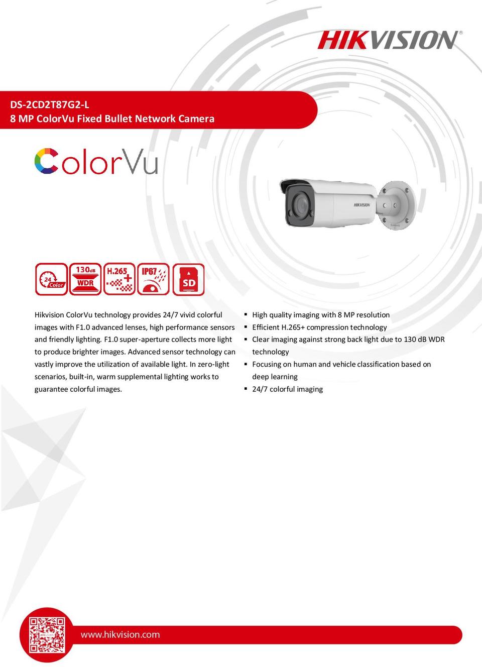 Hikvision DS-2CD2T87G2-L 8MP ColorVu with Acusense Bullet Camera with 4.0mm Lens (1 available) 0
