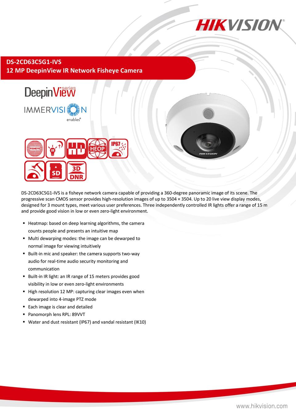 Hikvision DS-2CD63C5G1-IVS 12MP DeepinView Immervision Lens Heat Mapping Network Camera 0