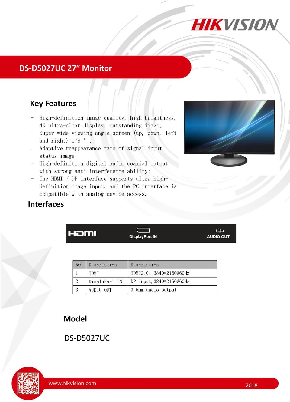 Hikvision DS-D5027UC 27 4K Commercial Monitor 0