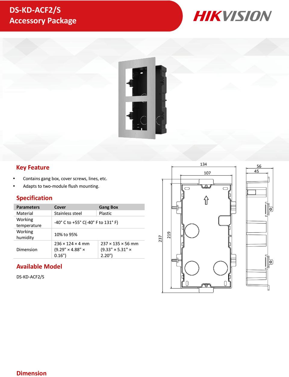 Hikvision DS-KD-ACF2-S 2nd Gen Door Station Stainless Flush Mount Gang Box - Supports 2 Modules 0