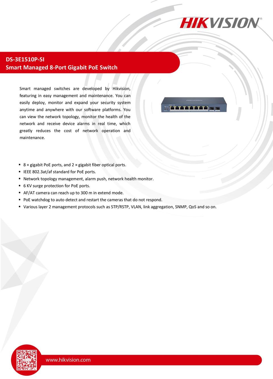 Hikvision DS-3E1510P-SI 8 Port Web Managed PoE Switch, 8x1000M, 2xGBIC 0