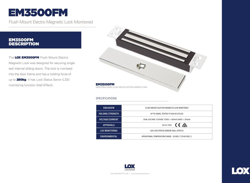 LOX EM3500FM Electro Magnetic Slimline Lock, 280kg, Non Monitored, Flush Mount, 12/24VDC 0