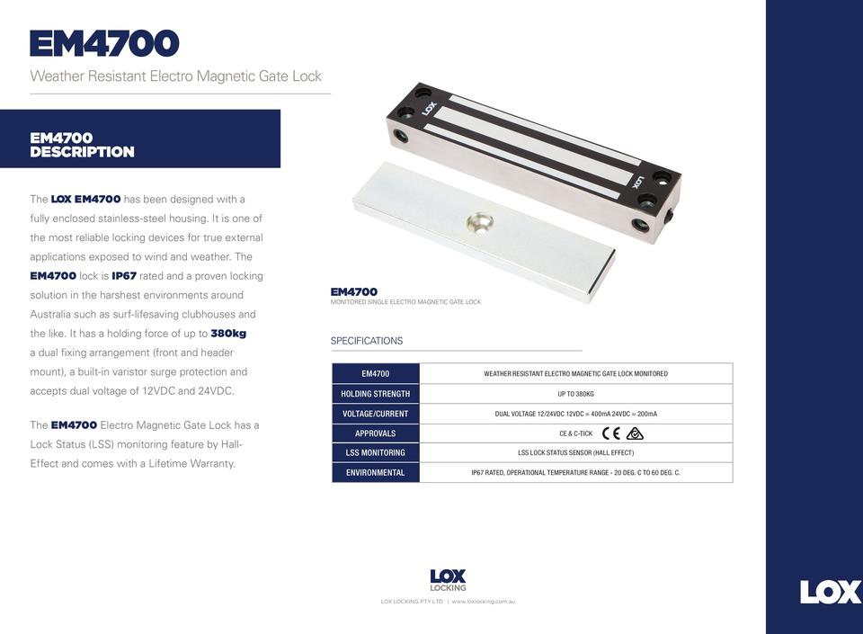 LOX EM4700 Electro Mini Magnetic Lock, 380kg, Monitored, Weather 12/24V DC 0