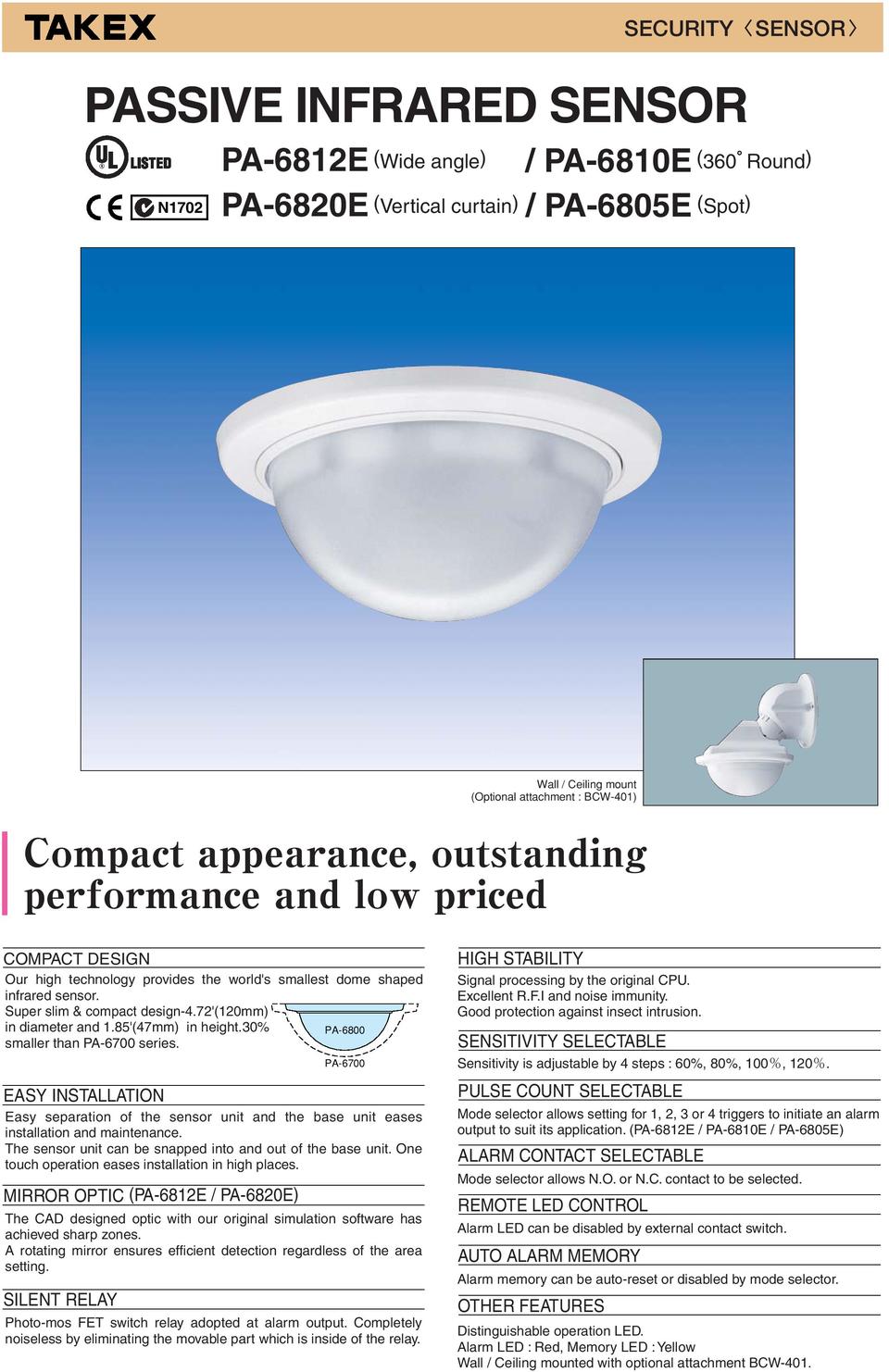 PA-6810E Takex Ceiling Mount 360 Degree Snap in detector 0