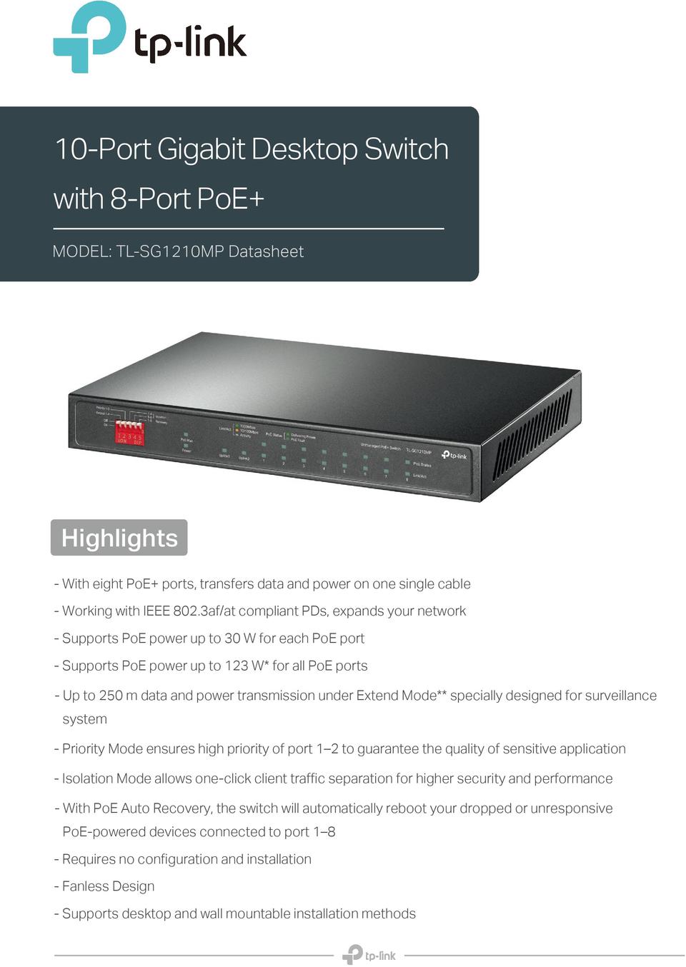 10 Port TP-Link TL-SG1210MP Gigabit Desktop Switch with PoE+ 0