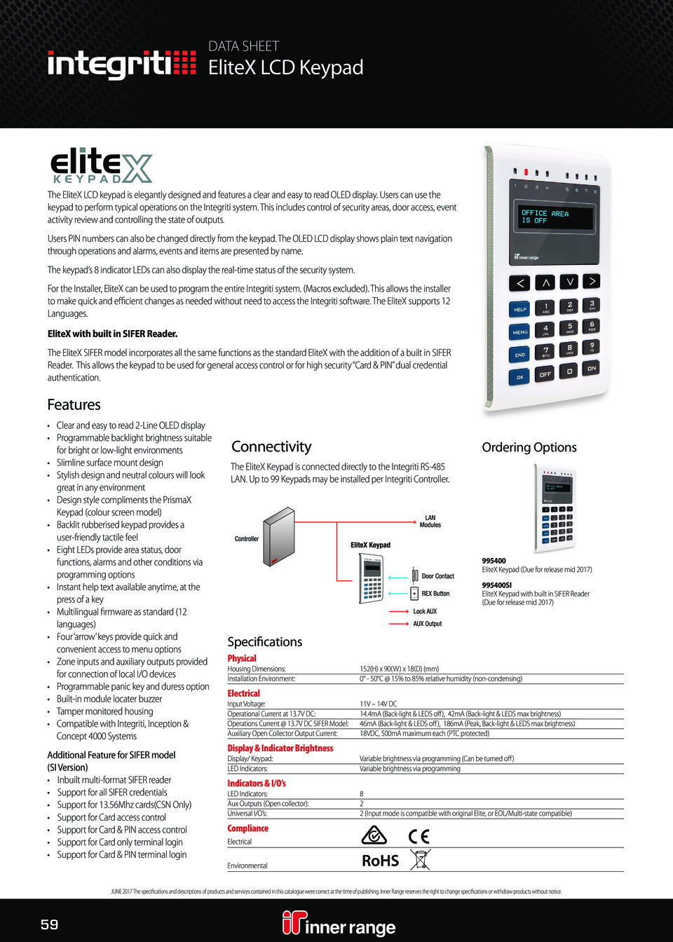 Inner Range Inception Controller Kit 2 with EliteX Keypad, 2 x OSDP Converters, Small Enclosure & Battery 0