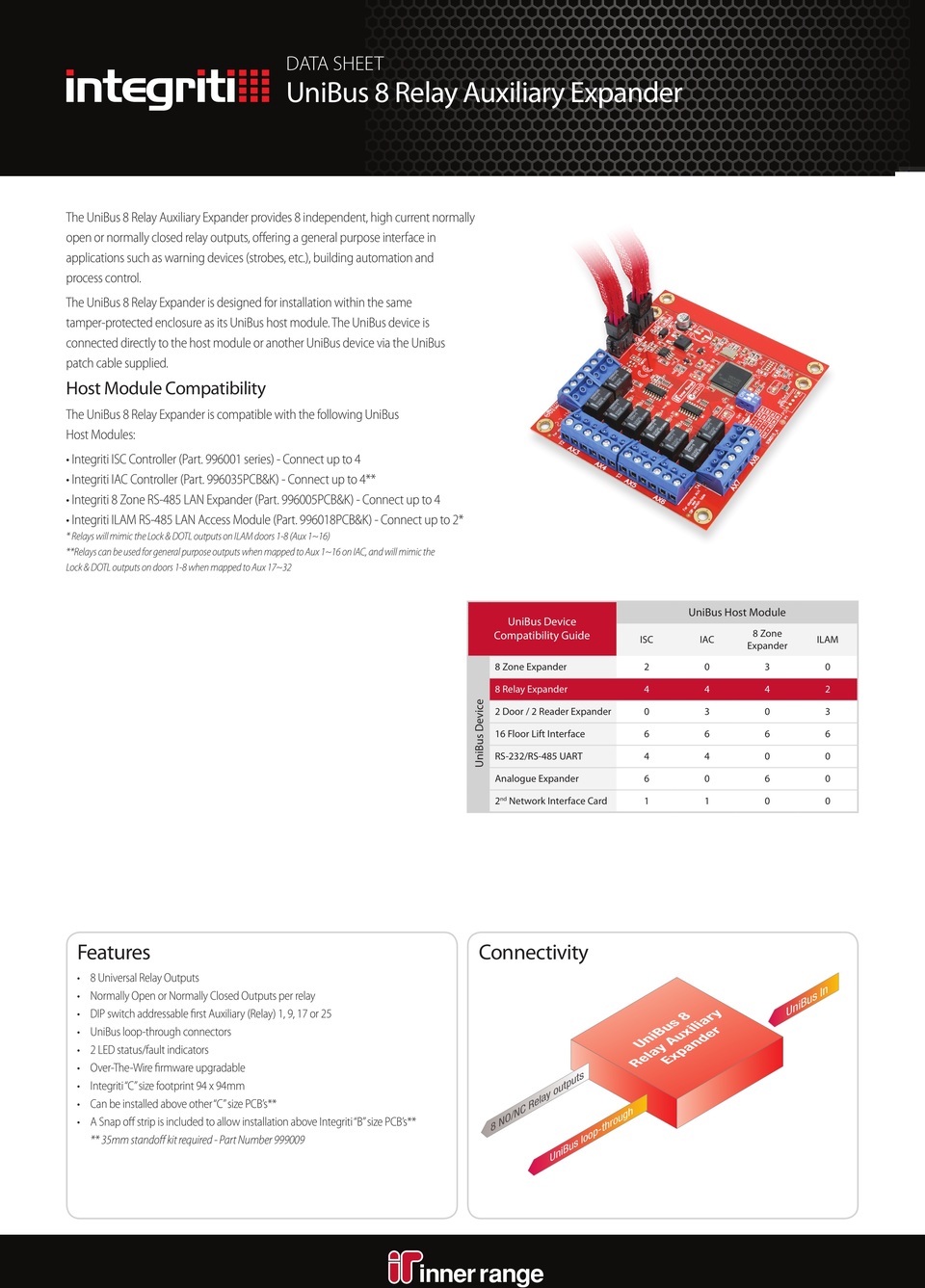 Inner Range Integriti UniBus 8 Aux Relay Expander PCB & Kit 0