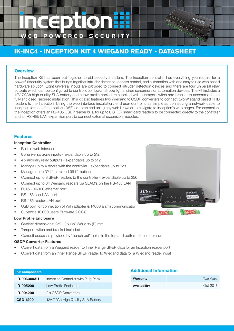 Inner Range Inception Controller Kit 4 with 2 x OSDP Converters, Small Enclosure & Battery 0