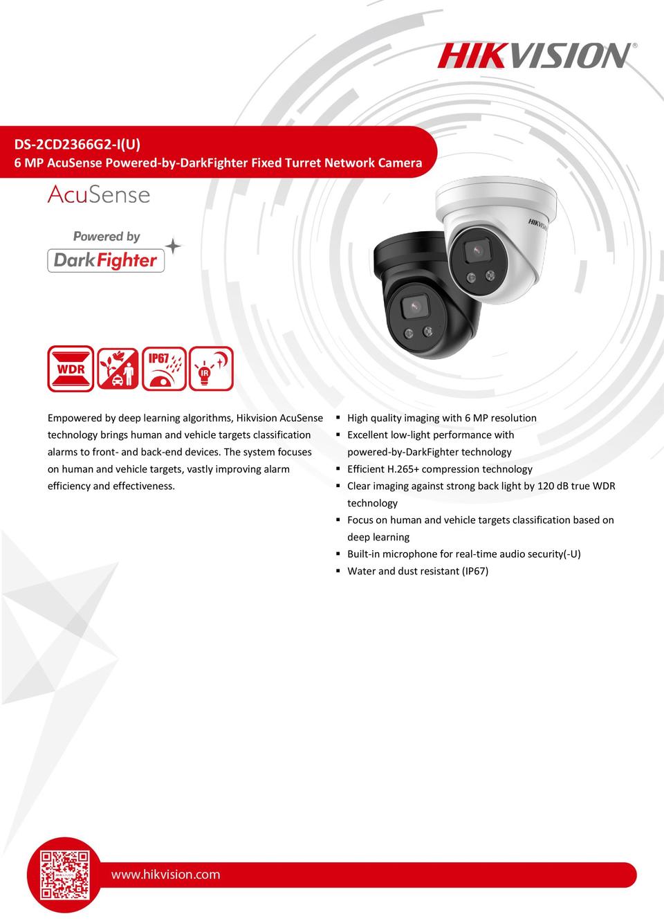 Hikvision DS-2CD2366G2-IU 6MP Gen2 Acusense IP Turret Camera With 2.8mm Lens & Mic - Black 0