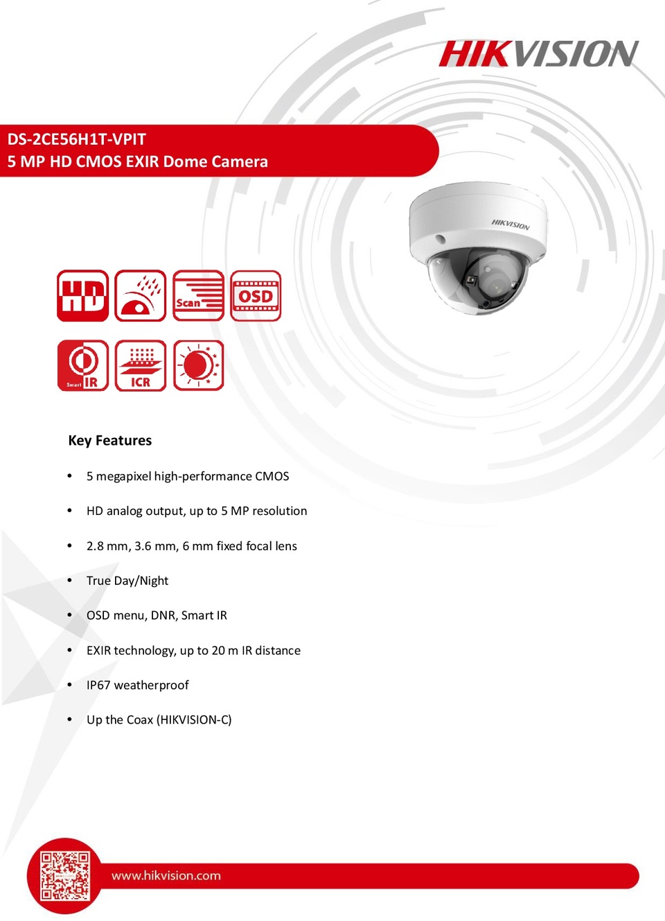 hikvision ds-2ce56h1t-vpit 5mp hd-tvi dome camera with 28mm lens