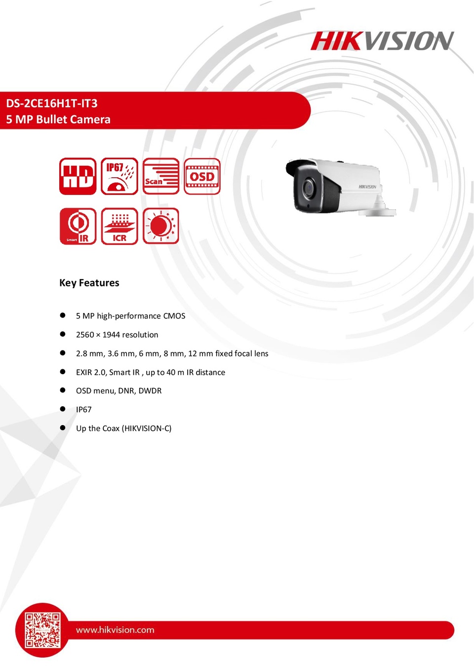 hikvision ds-2ce16h1t-it3 5mp hd-tvi bullet camera with 28mm lens