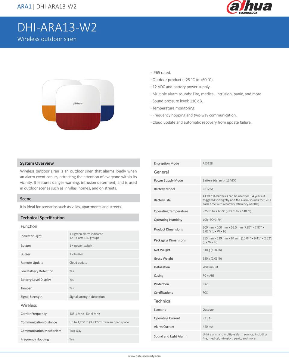 Dahua DHI-ARA13-W2 Wireless Outdoor Siren, Blue Light 0