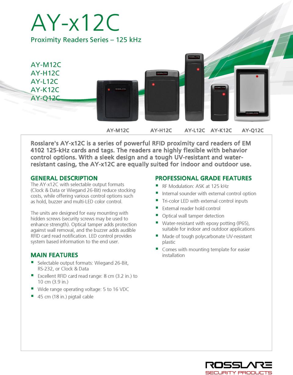 Rosslare AY-K12C 125kHz Micro-Mullion Proximity Reader, Wiegand, IP65 0