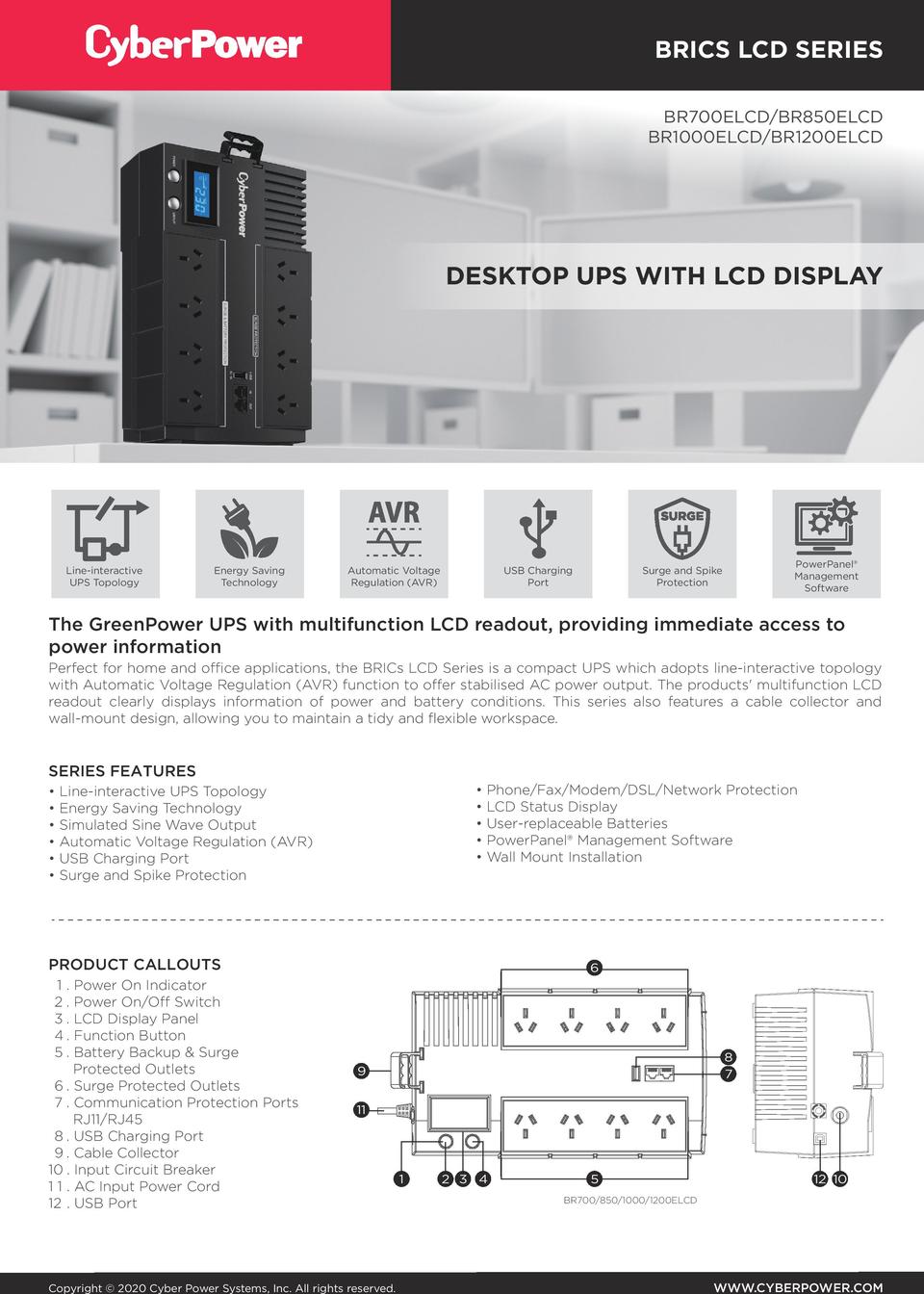 1000VA CyberPower BRIC-LCD UPS PN BR1000ELCD 0