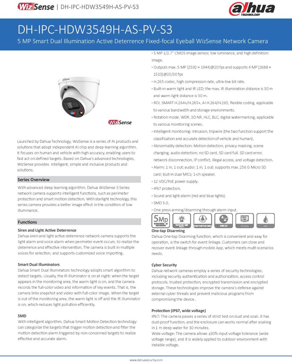 Dahua 5MP TiOC 2.0 WizSense Active Deterrence IP Turret Camera 2.8mm Lens, Built-in Mic & Speaker 0