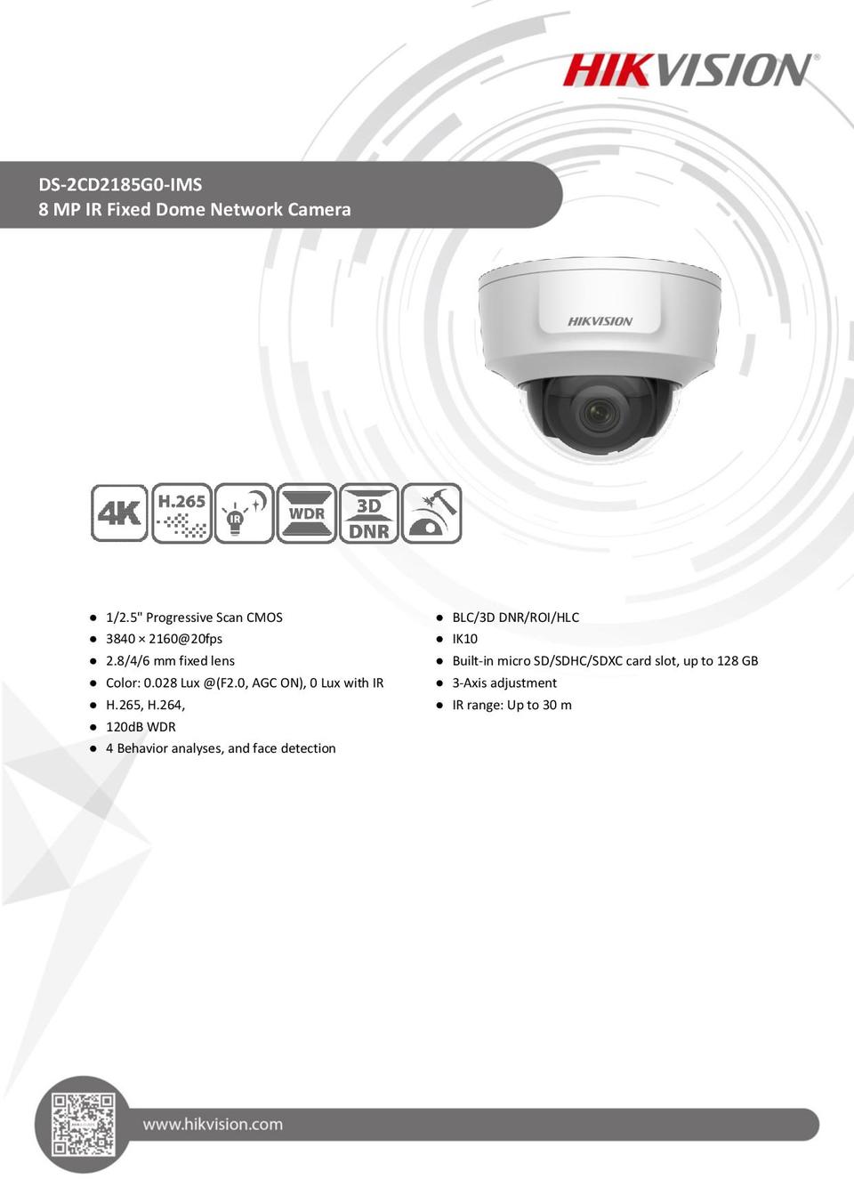 Hikvision DS2CD2185G0IMS 8MP IP Indoor Dome Camera With 2.8mm Fixed