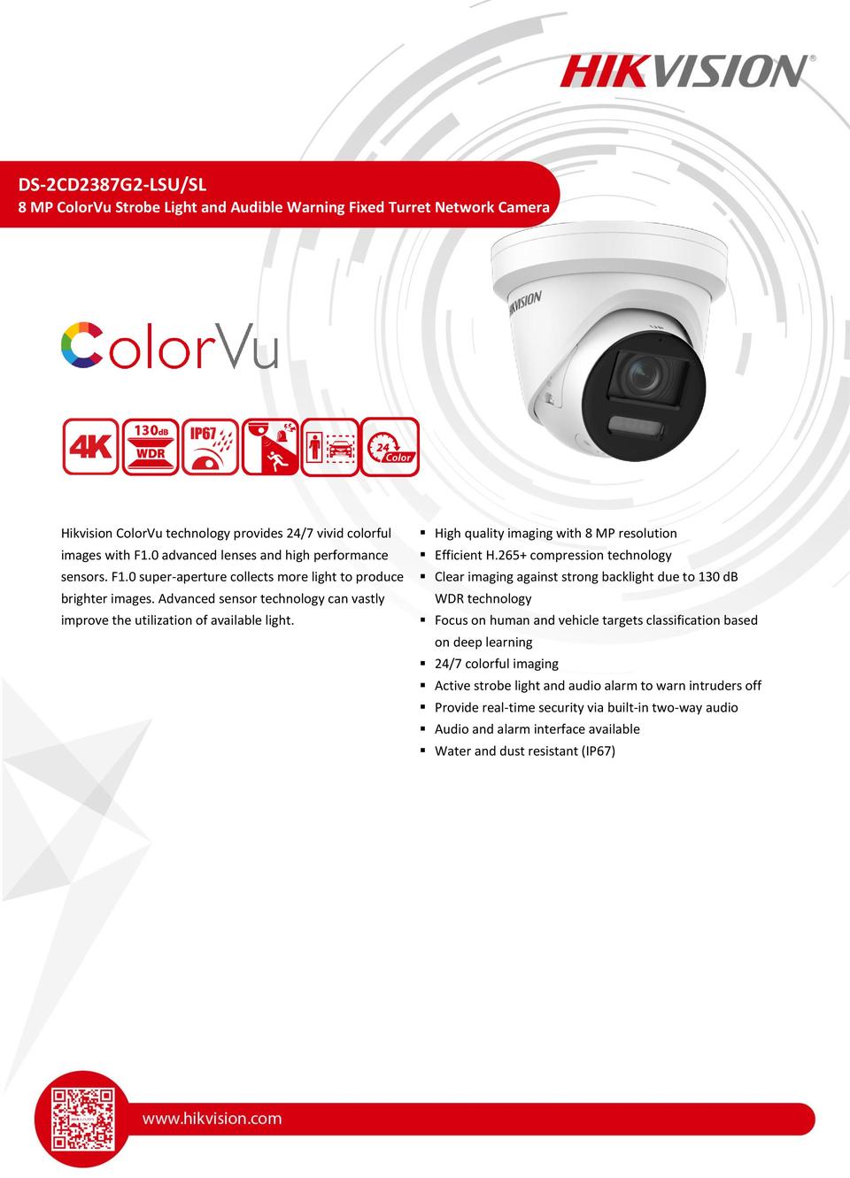 Hikvision DS-2CD2387G2-LSU/SL 8MP ColorVu with Acusense Turret Camera with 2.8mm Lens (2 available) 0