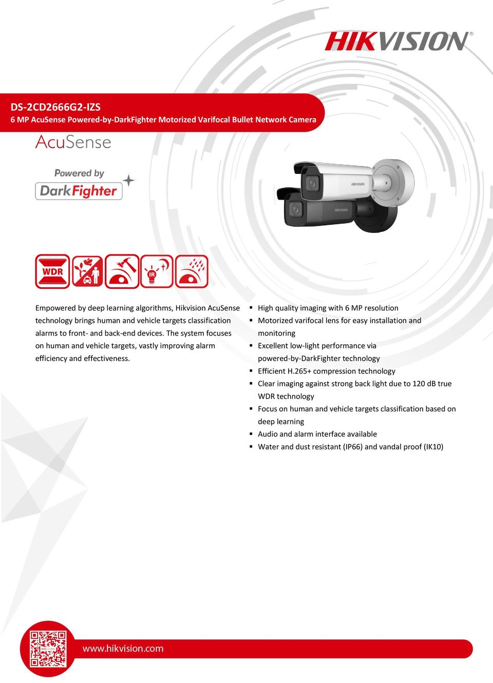 Hikvision DS-2CD2666G2T-IZS 6MP Gen2 IP Acusense Outdoor Bullet Camera With Motorised Lens 0