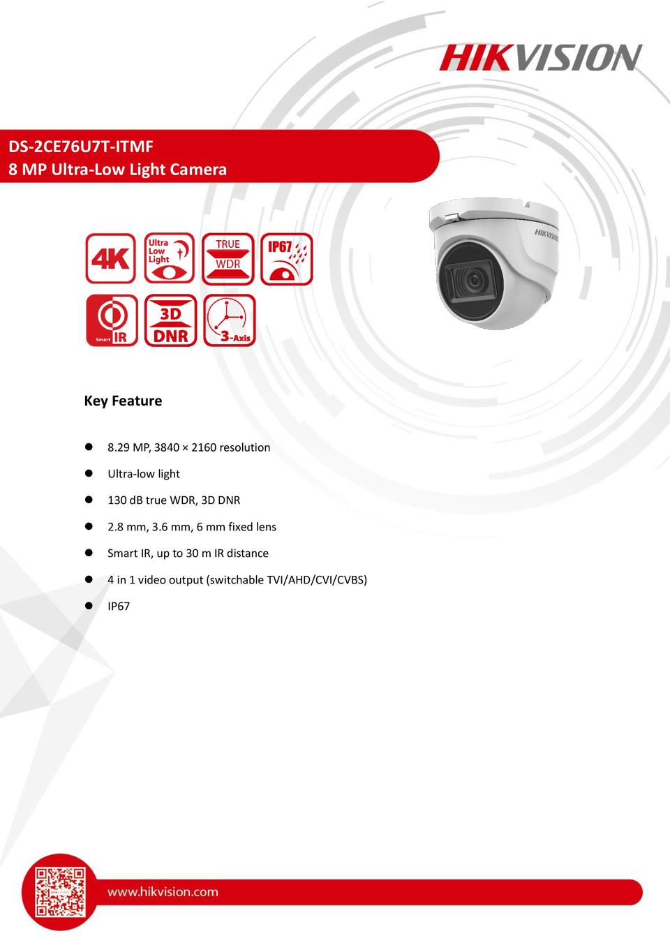 Hikvision DS-2CE76U7T-ITMF 4K 8MP HD-TVI Turret Camera With IR & 2.8mm Lens 0