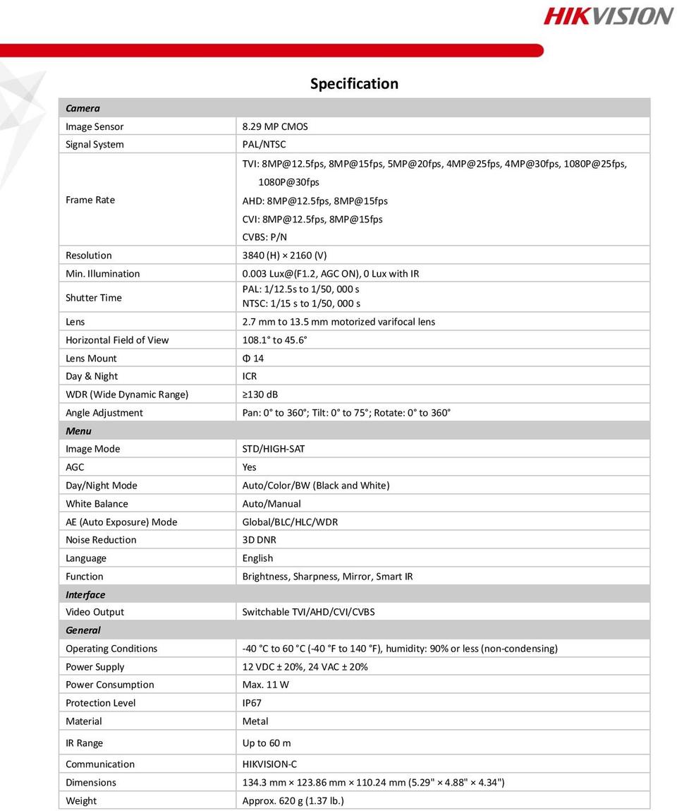 hikvision camera specification