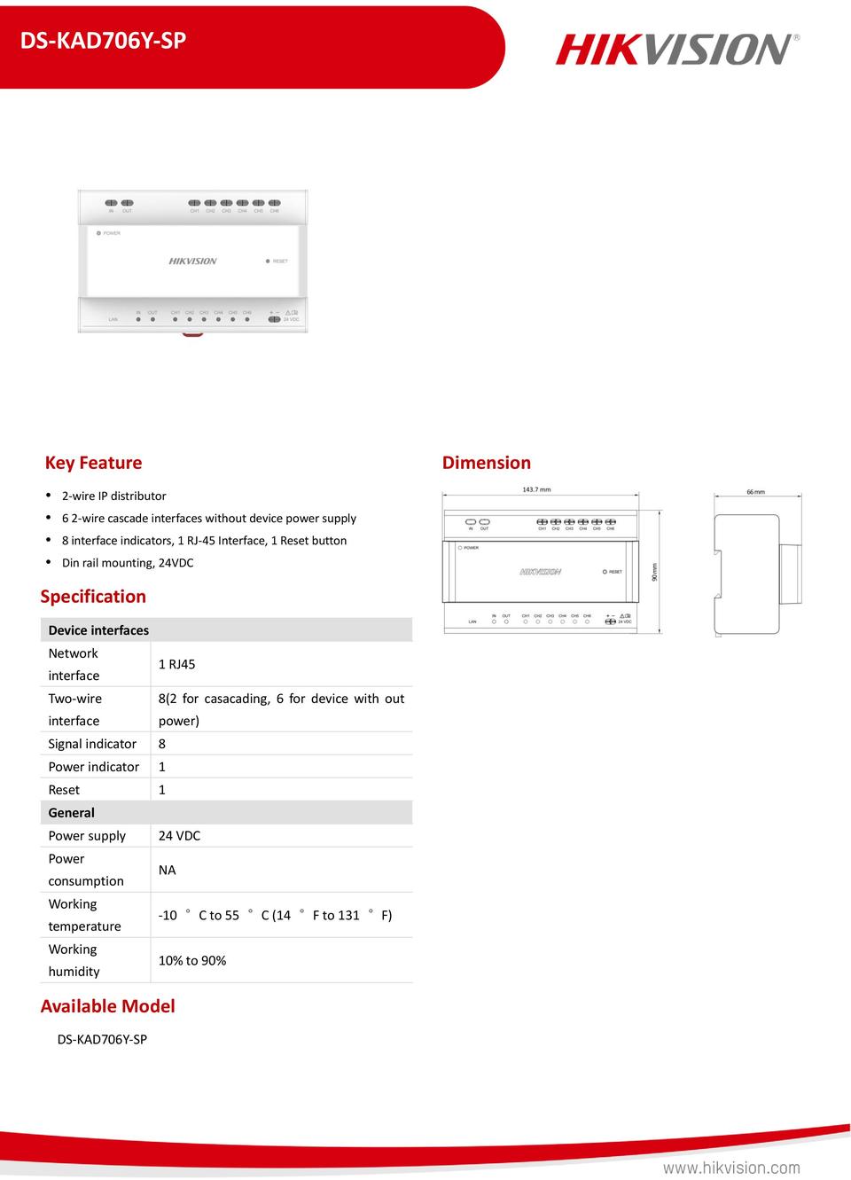 Hikvision DS-KAD706Y-SP 2 Wire Intercom, Video/Audio Distributor, 6 Devices, PSU 0