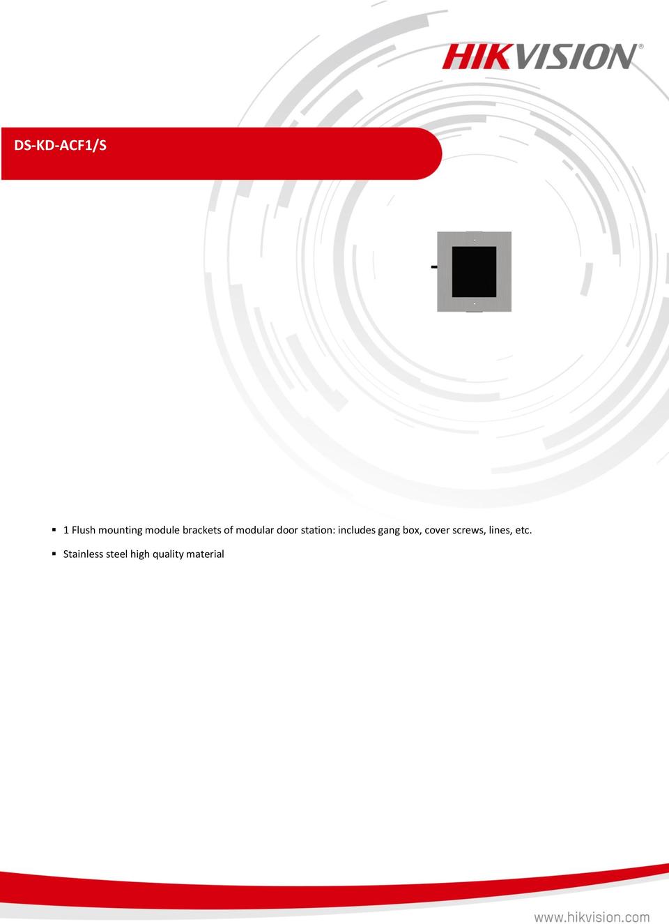 Hikvision DS-KD-ACF1/S Intercom Door Station Gang Box, Flush Mount Stainless, Supports 1 Module 0