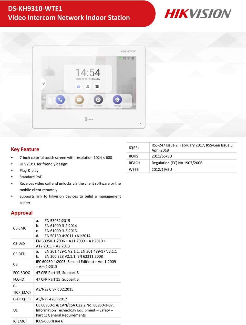 Hikvision Gen2 DS-KH9310-WTE1 Android 7 Indoor Station 0