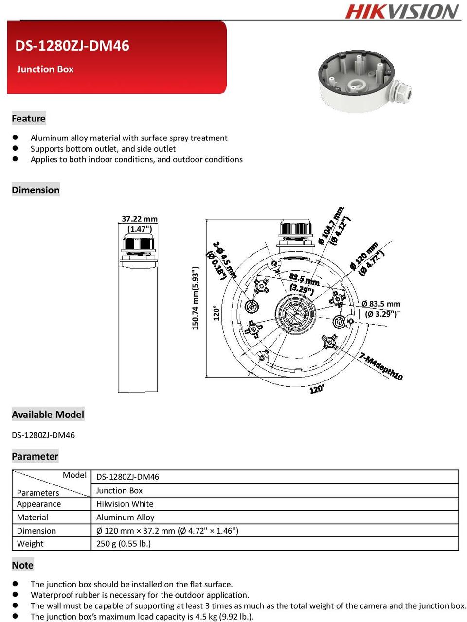 Hikvision DS-1280ZJ-DM46 Conduit Base Tray Junction Box 0