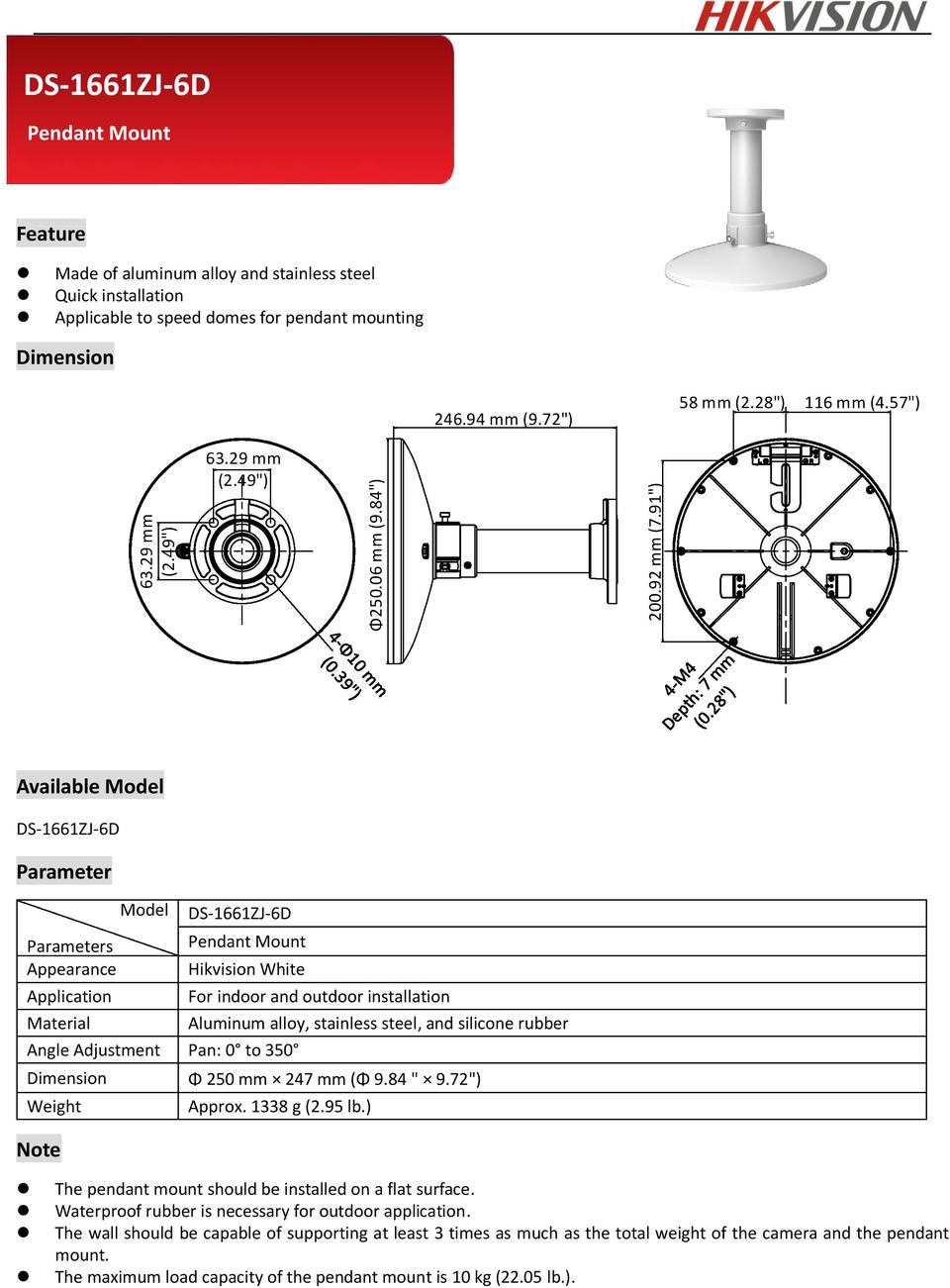 Hikvision DS-1661ZJ-6D Pendant Mount Bracket suit Panovu Camera 0