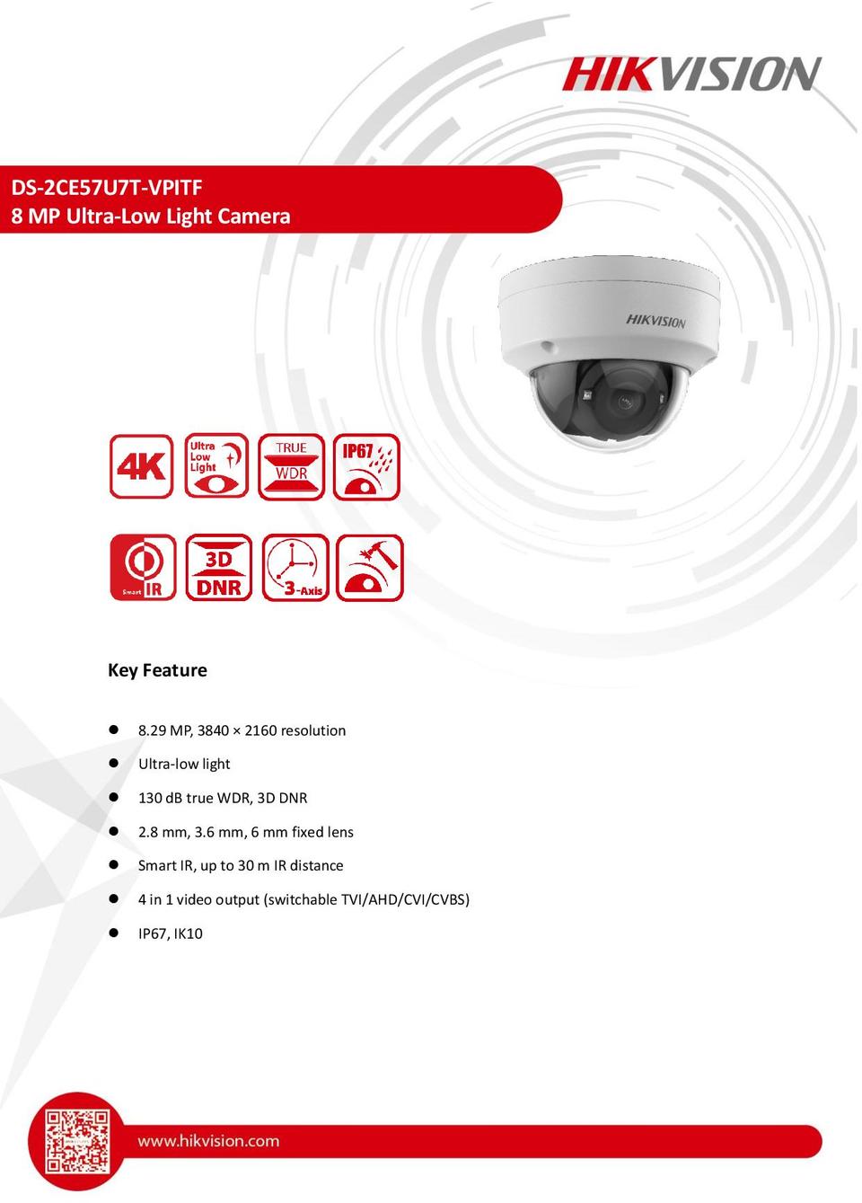Hikvision DS-2CE57U7T-VPITF 4K 8MP HD-TVI Vandal Dome Camera With IR & 2.8mm Lens 0