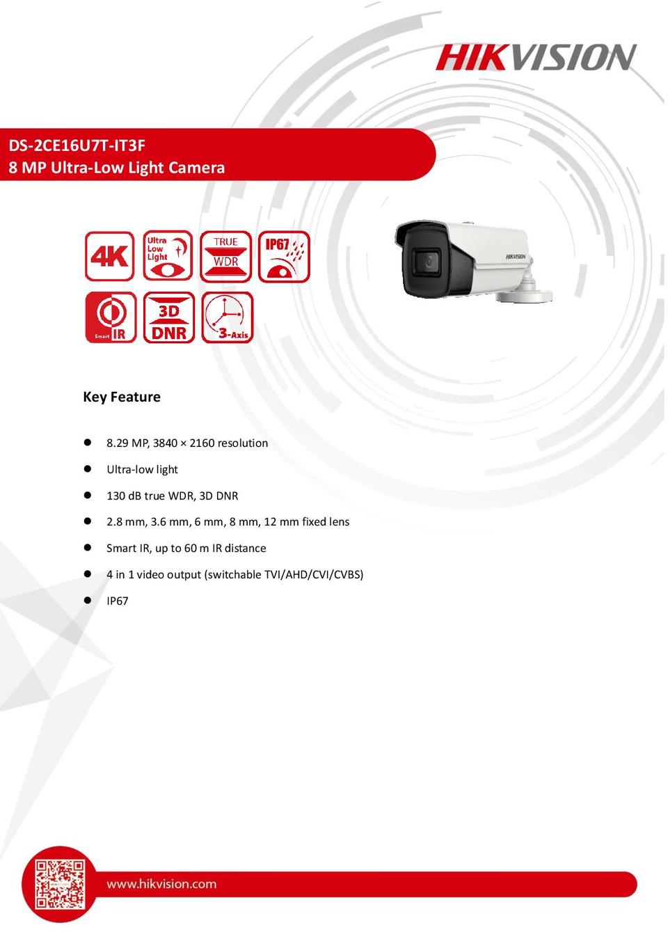Hikvision DS-2CE16U7T-IT3F 4K 8MP HD-TVI Bullet Camera With IR & 2.8mm Lens 0