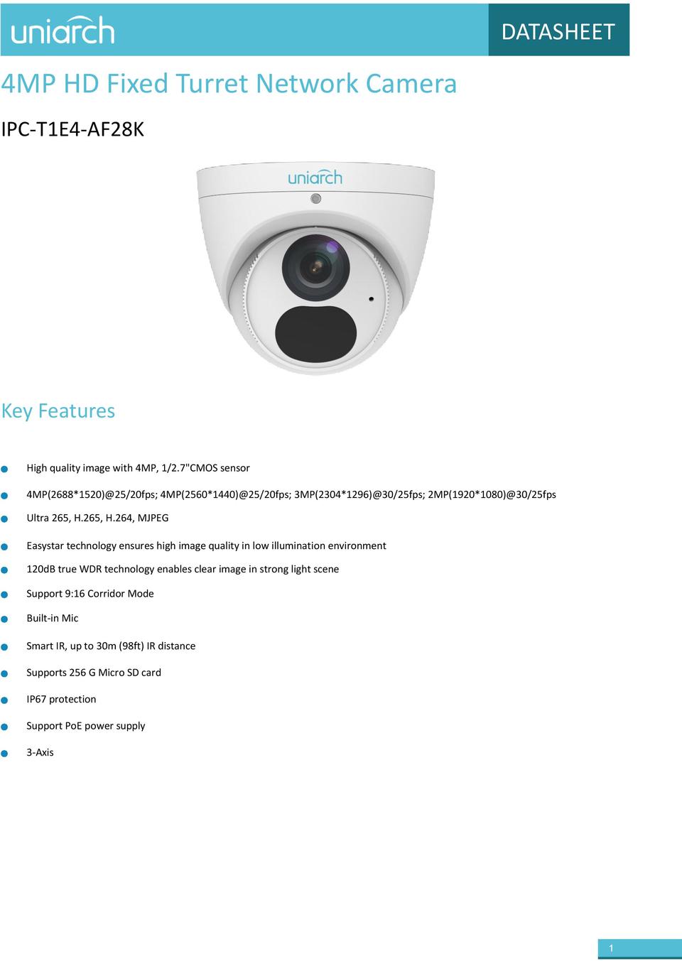 Uniarch IPC-T1E4-AF28K 4MP Starlight Turret with Mic & 2.8mm Lens 0