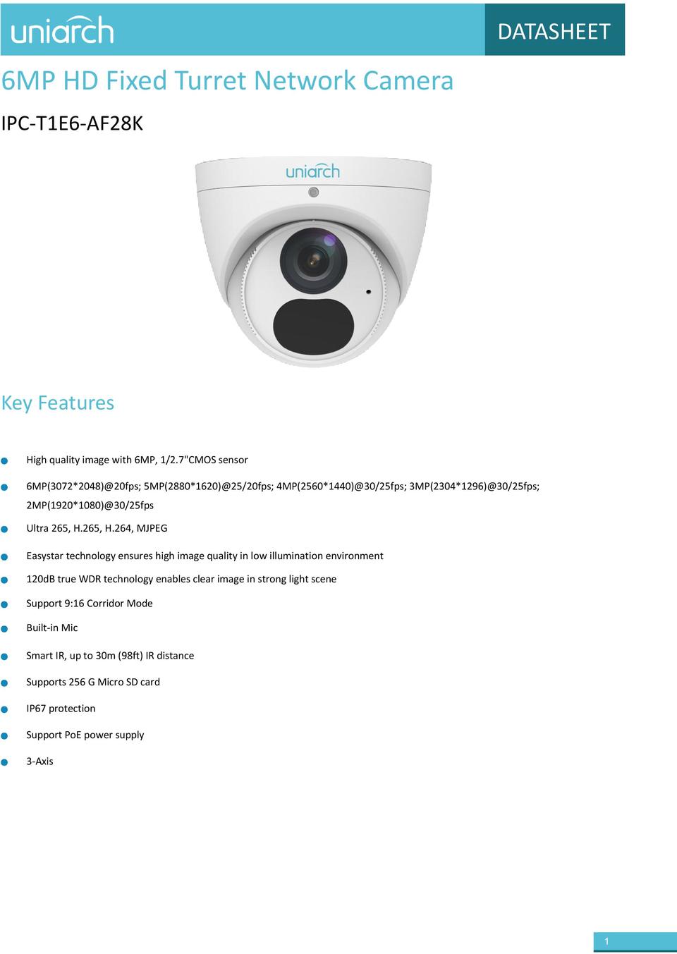 Uniarch IPC-T1E6-AF28K 6MP Starlight Turret with Mic & 2.8mm Lens 0