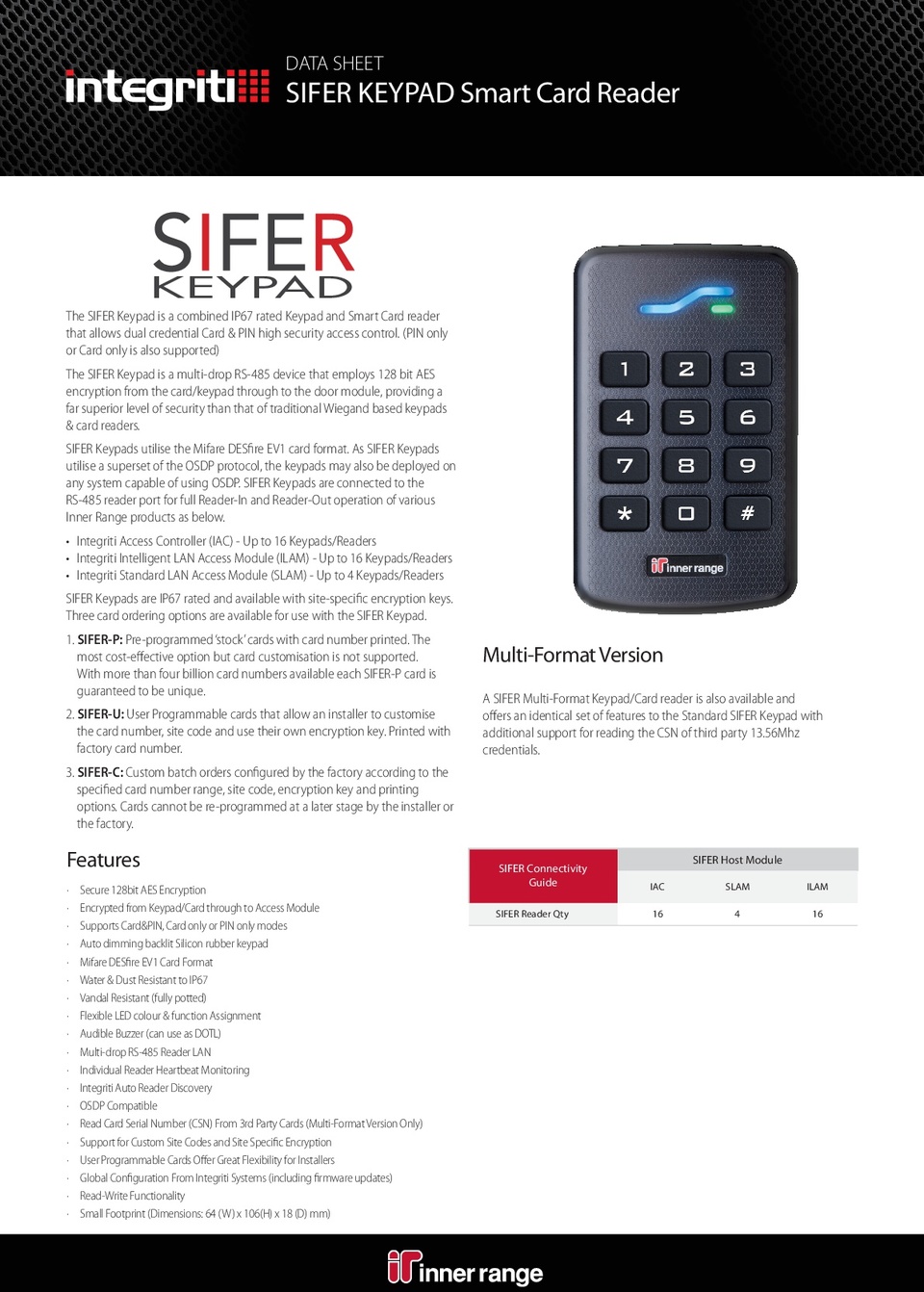 Inner Range SIFER Keypad with inbuilt SIFER Smart Card Reader 0