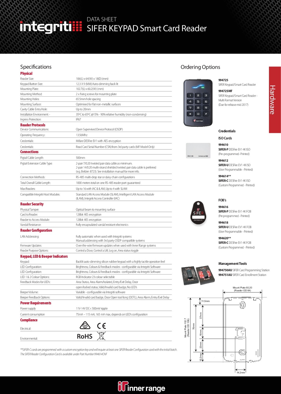 Inner Range SIFER Keypad with inbuilt SIFER Smart Card Reader 1