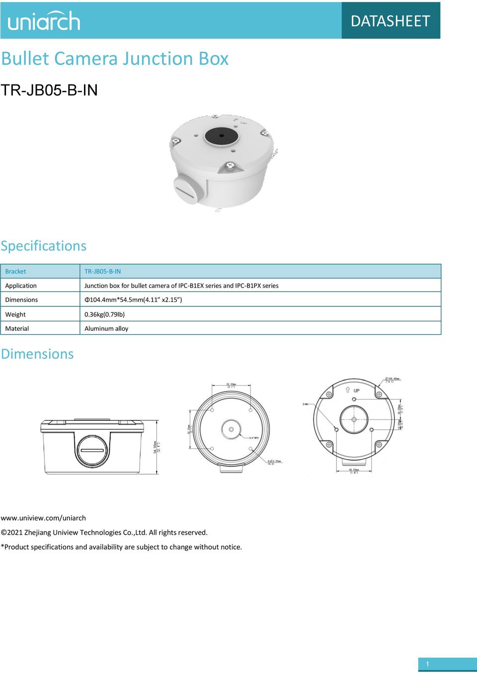 Uniarch TR-JB05-B-IN Bullet Camera Junction Box 0