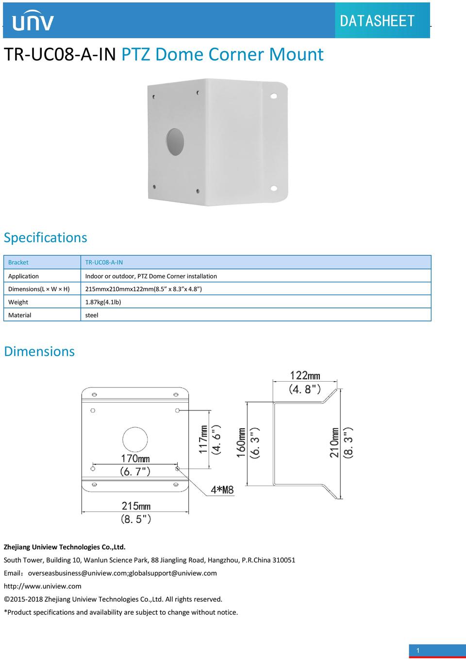 Uniarch TR-UC08-A-IN PTZ Corner Mount Bracket 0