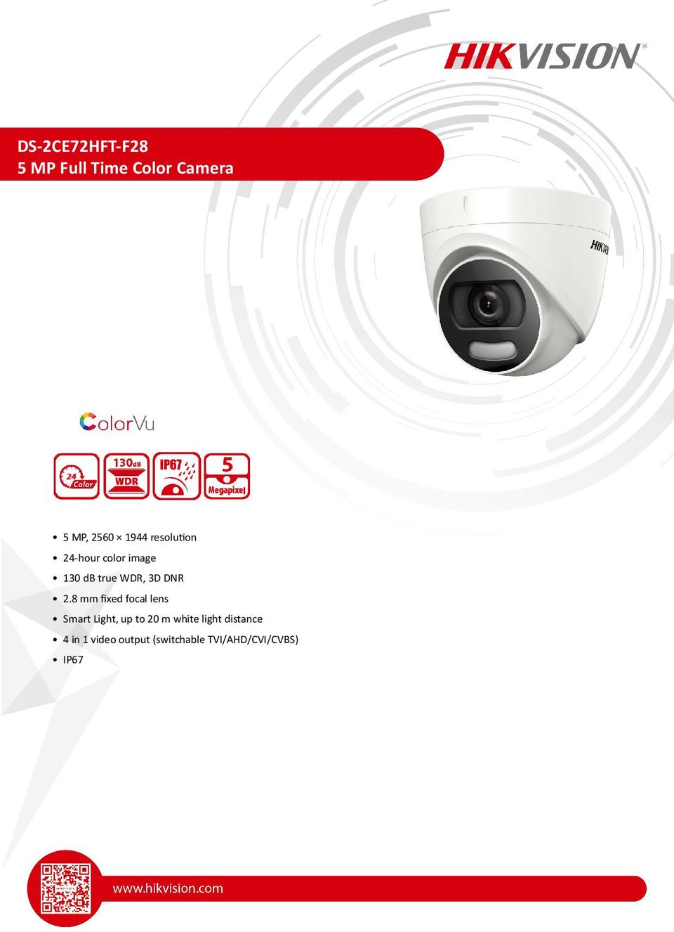 Hikvision DS-2CE72HFT-F28 HD-TVI ColorVu 5 Megapixel Turret Camera 2.8mm Lens 0