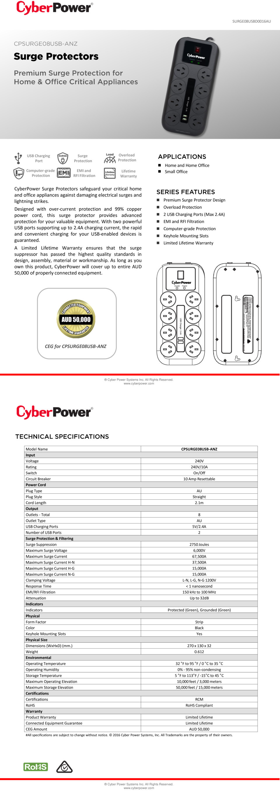 8 Port CyberPower Home Theater Series Surge Protector 0