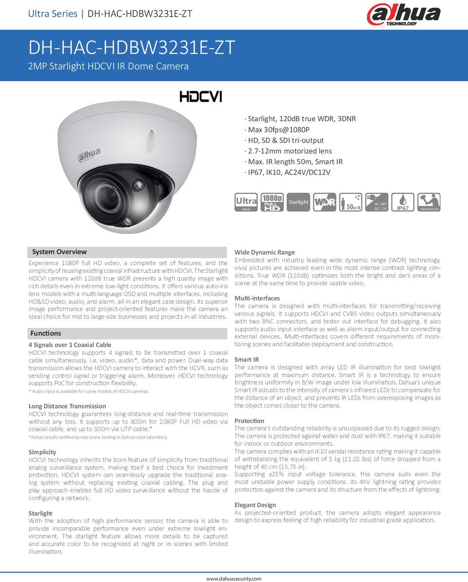 Dahua HAC-HDBW3231E-ZT 2MP HDCVI/HDSDI Dome Camera with Motorised Lens 0