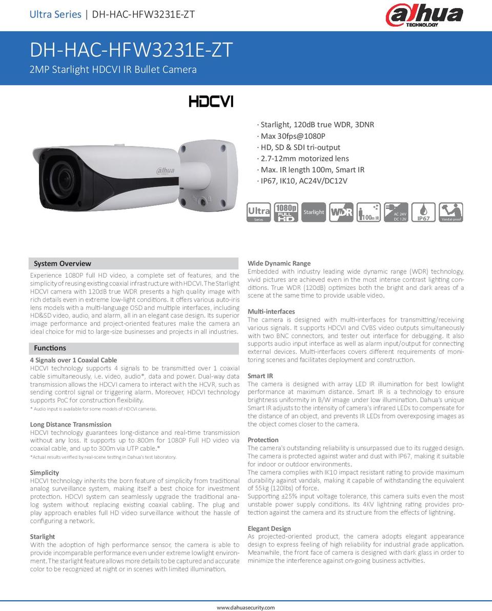 Dahua HAC-HFW3231E-ZT 2MP HDCVI/HDSDI Bullet Camera with Motorised Lens 0