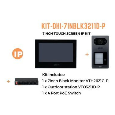 Dahua Intercom Kit inc VTH2621G-P, VTO3211D-P & 4 Port PoE Switch
